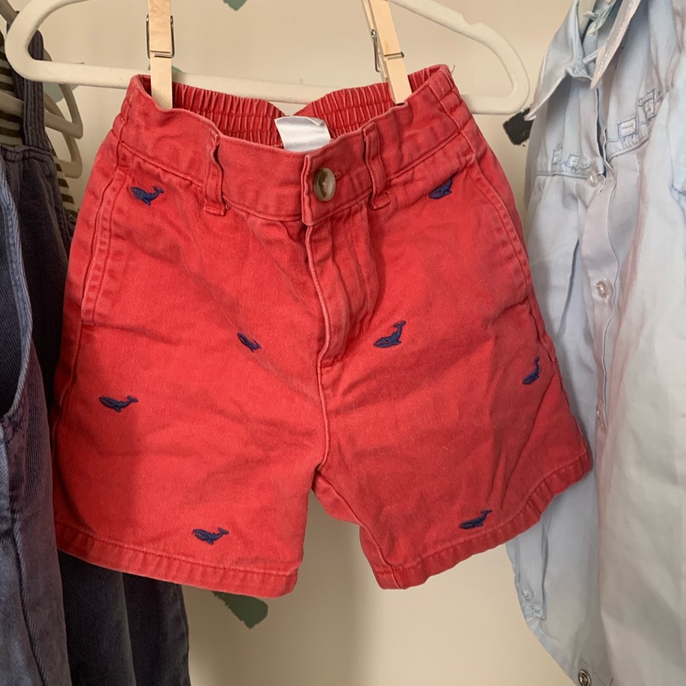 Janie and Jack embroidered whale shorts, coral and navy